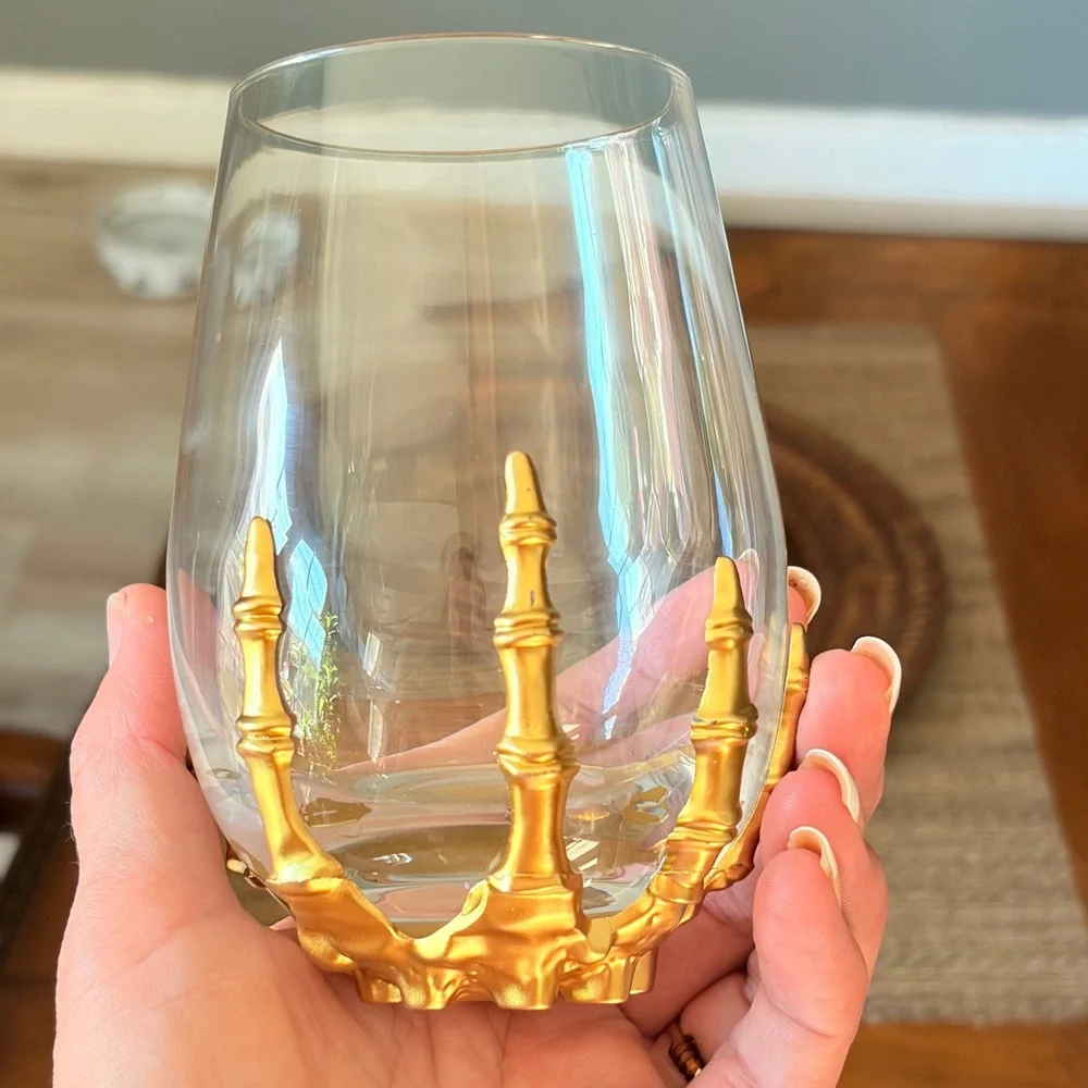 Pottery Barn Brass Skeleton Hand Stemless Wine Glass Halloween Gothic Fast Ship